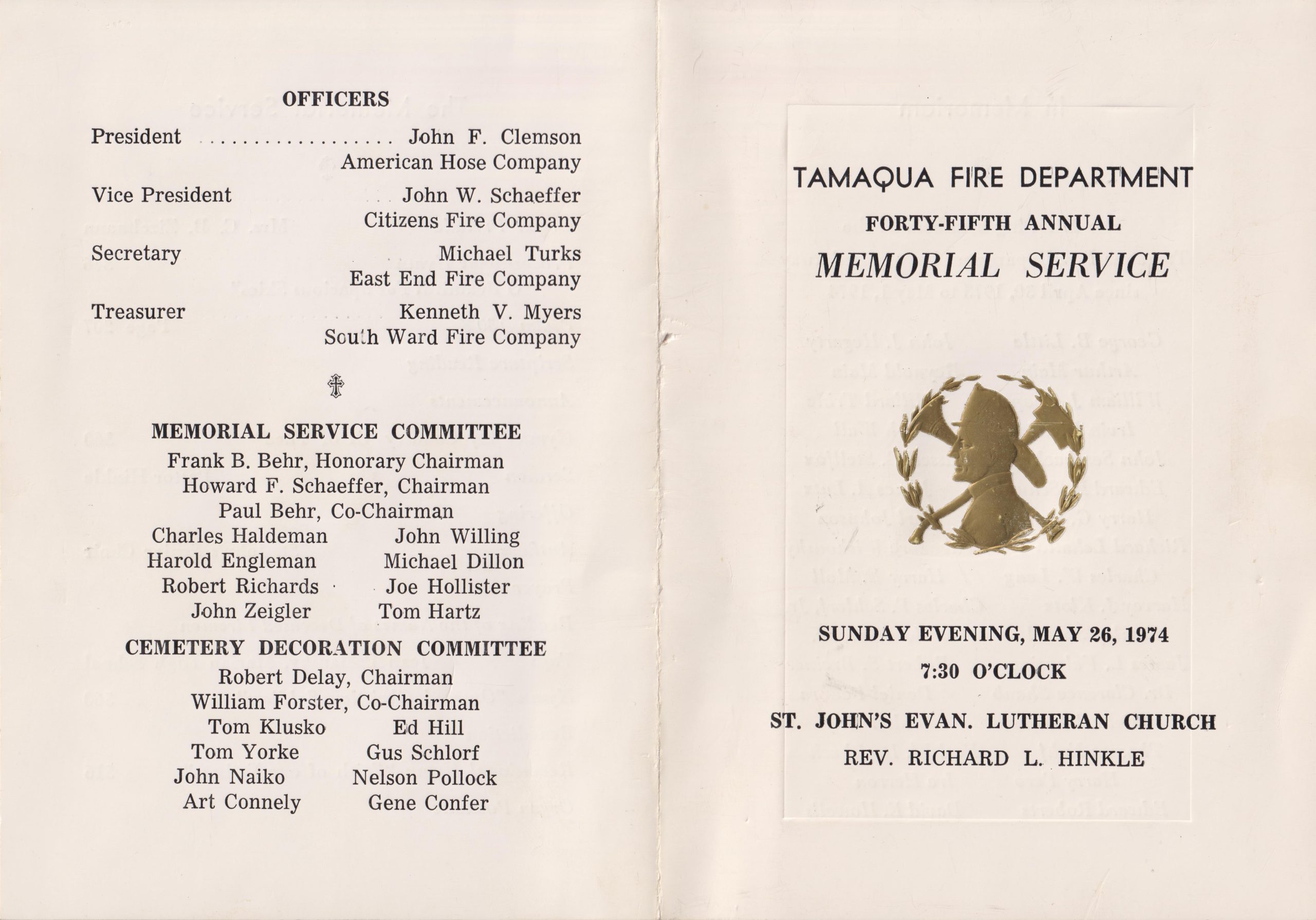 Looking Back: 45th Annual Memorial Service – Sunday, May 26th, 1974